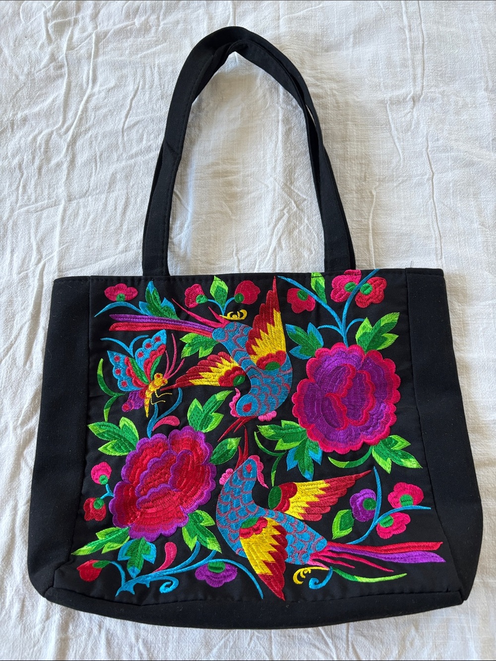 Tote bag, colorful embroidery, black w/ fuschia, blue, green,yellow, Mexico